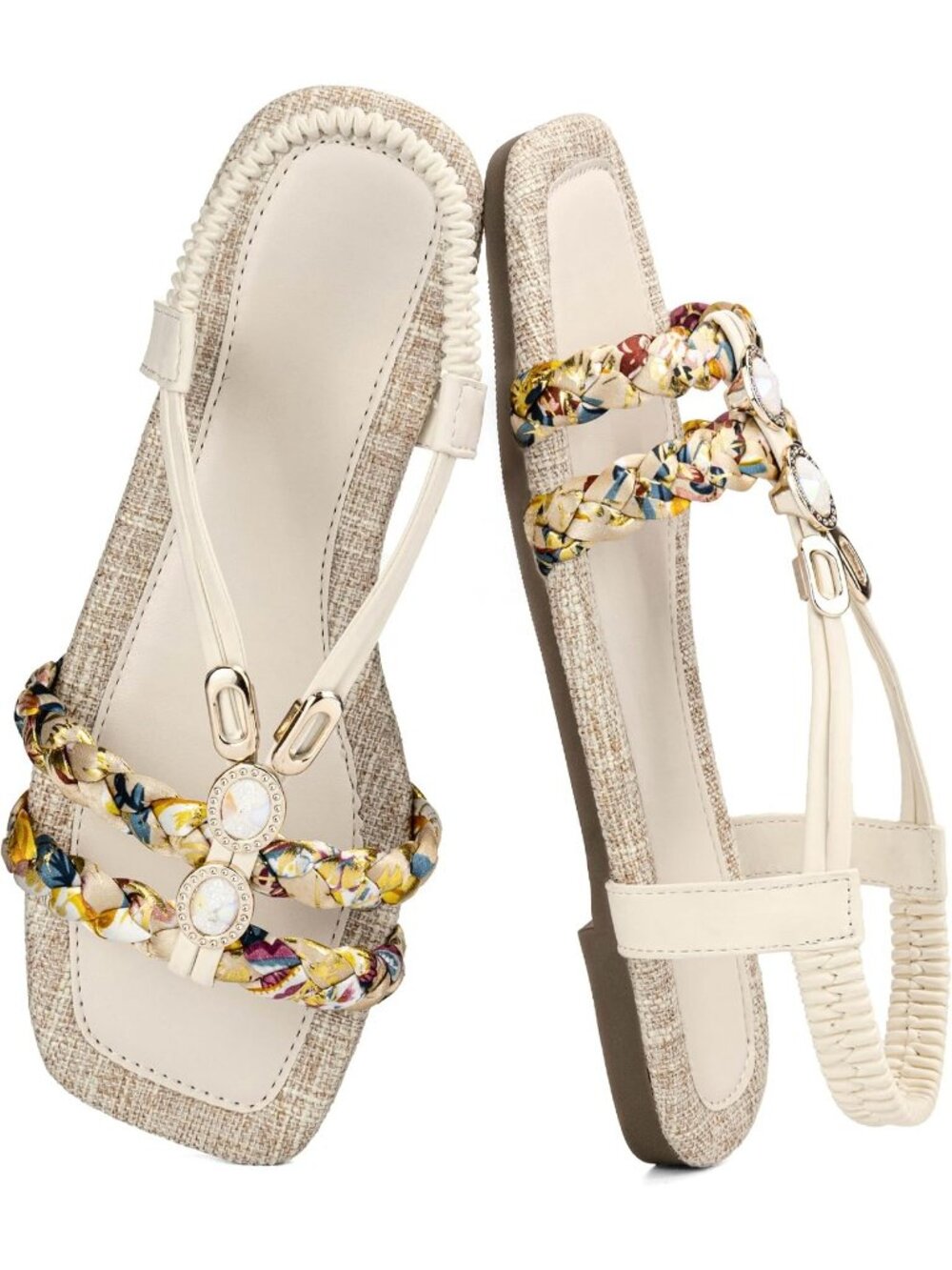 Women's White Boho Braided Rhinestone Flat Square Toe Elastic Ankle Strap Sandal